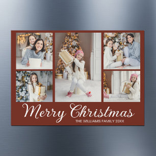 Schicke burgunderrote Weihnachts-Fotocollage-Magne Magnetkarte