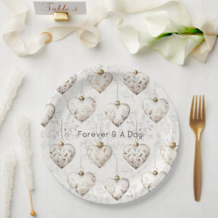 Schicke Creme Graue Herzen Ornamente Hochzeit Pappteller