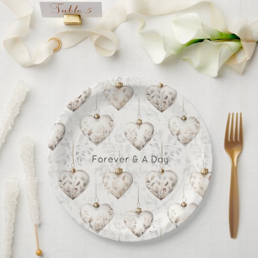 Schicke Creme Graue Herzen Ornamente Hochzeit Pappteller (Hochzeit)
