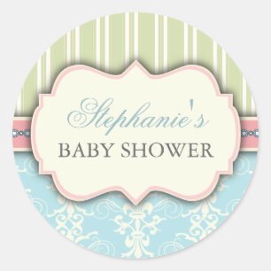 Schicke Damast- und Streifen-Baby-Shower-Gunstaufk Runder Aufkleber