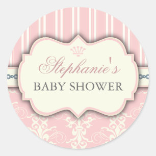 Schicke Damast- und Streifen-Baby-Shower-Gunstaufk Runder Aufkleber