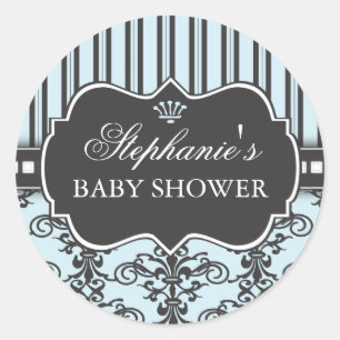 Schicke Damast- und Streifen-Baby-Shower-Gunstaufk Runder Aufkleber