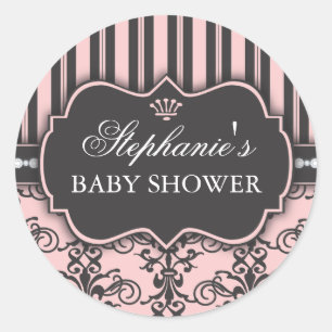 Schicke Damast- und Streifen-Baby-Shower-Gunstaufk Runder Aufkleber