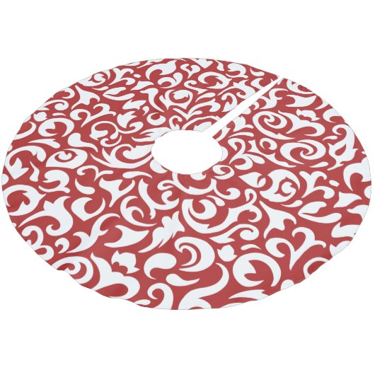 Schicke dunkelrote weiße Damast-Blumen-Kunstmuster Polyester Weihnachtsbaumdecke (Schrägansicht)