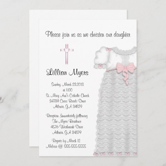 Schicke elegante rosa Quertaufe/Taufe Einladung (Vorne/Hinten)