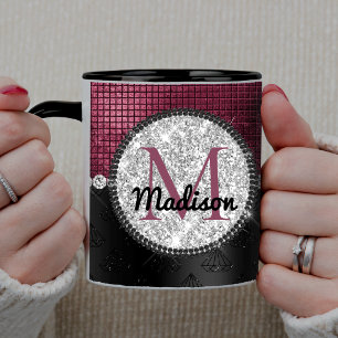 Schicke falsche Silber Glitter Burgund Schwarz Mon Tasse