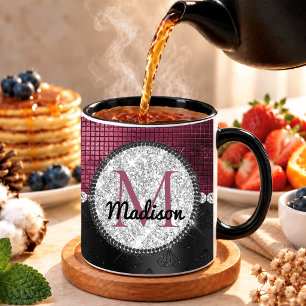 Schicke falsche Silber Glitter Burgund Schwarz Mon Tasse