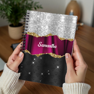 Schicke falsche Silber-Glitter Fuchsie Schwarz-Mon Notizblock