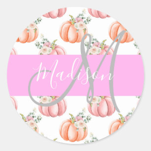 Schicke Floral Weiße Pink Pfirsich Kürbis Monogram Runder Aufkleber