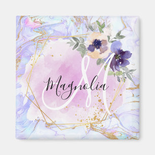 Schicke Florale Blaue Rosa Gold Regenbogen Marmor Magnet