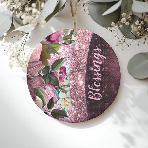 Schicke florale Burgunderrosa lila Glitzer-Monogra Keramik Ornament