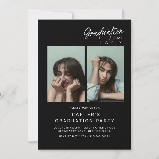 schicke Foto Abschluss Minimalistisch Schwarz-Weiß Einladung (Vorderseite)