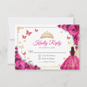 Schicke Fuchsia-Rosa-Rosen-Gold-Quinceanera-Antwor RSVP Karte