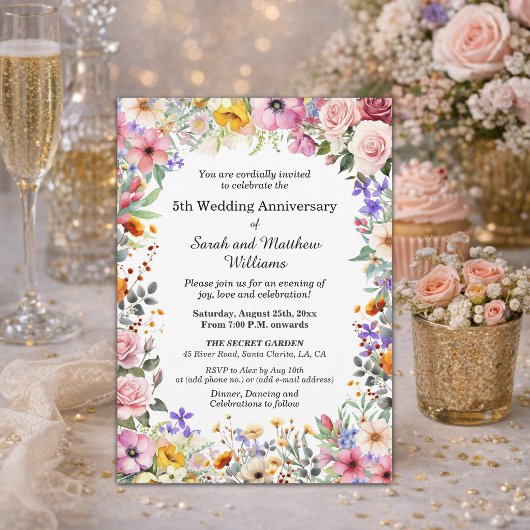Schicke Gartenblumen 5. Hochzeitstag Einladung