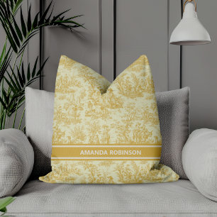 Schicke gelbe Vintage-Französische Toile de Jouy Kissen