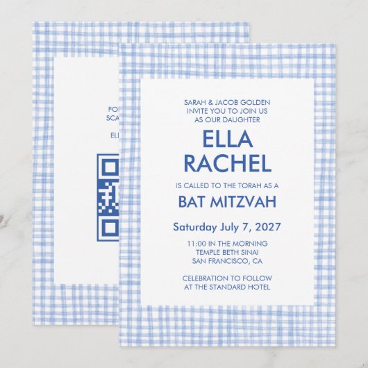 Schicke Gingham-Moderne benutzerdefinierte QR-CODE Einladung (Vorne/Hinten)