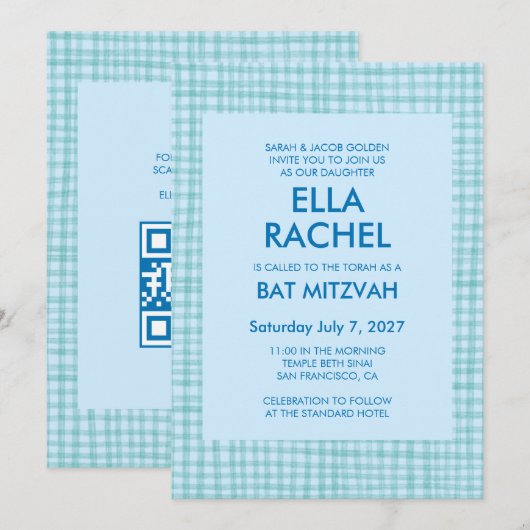 Schicke Gingham-Moderne benutzerdefinierte QR-CODE Einladung (Vorne/Hinten)