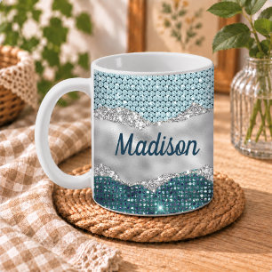 Schicke, girly, türkise Minzgrün-Glitzer-Silber-Mo Kaffeetasse