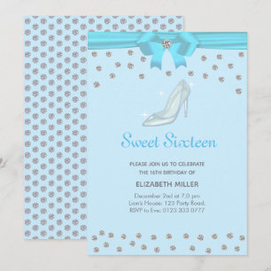 Schicke Glitter-Diamanten Sweet Sixteen auf Hellbl Einladung
