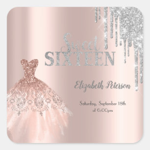 Schicke Glitter-Tropfen, Kleid Roségold Sweet 16 Quadratischer Aufkleber