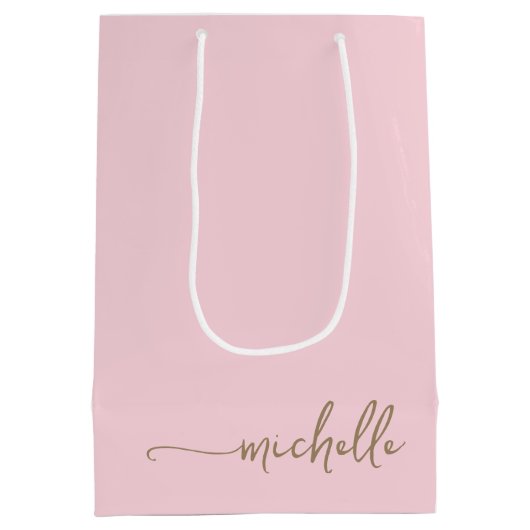 Schicke Gold-Monogramm-Name-Script-Blush-Rosa Mittlere Geschenktüte (Rückseite)