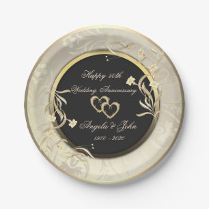 Schicke goldene Blumen Herzen 50. Hochzeitstag Pappteller