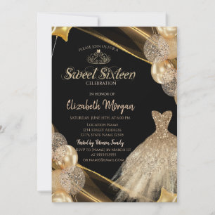 Schicke goldene Kleid Tiara Luftballons Sweet 16 Einladung