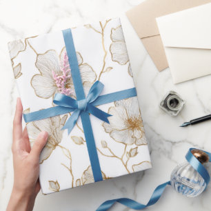 Schicke Goldene Linie Blumen Weißes Blumenmuster Geschenkpapier
