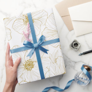 Schicke Goldene Linie Blumen Weißes Blumenmuster Geschenkpapier