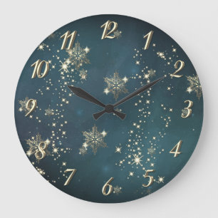 Schicke goldene Schneeflocken grün Große Wanduhr