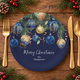 Schicke goldene und blaue Christbaumschmuck-Orname Pappteller