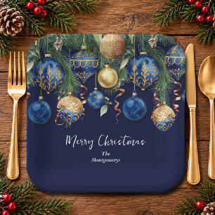 Schicke goldene und blaue Weihnachtsbaum-Ornamente Pappteller