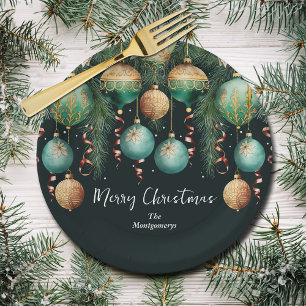 Schicke goldene und grüne Weihnachtsbaum-Ornamente Pappteller