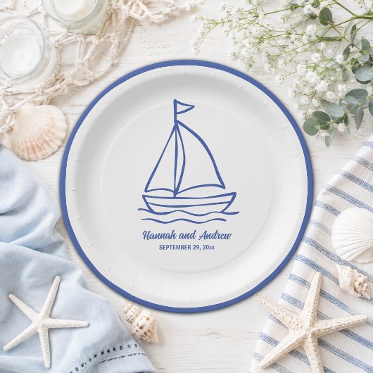 Schicke handgezeichnete Boote mit Wellen Hochzeit Pappteller