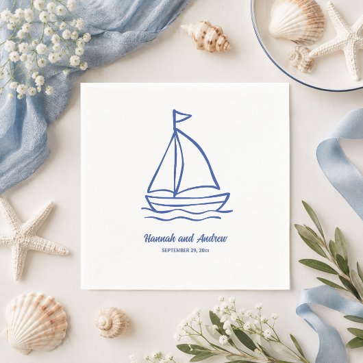 Schicke handgezeichnete Boote mit Wellen Hochzeit Serviette