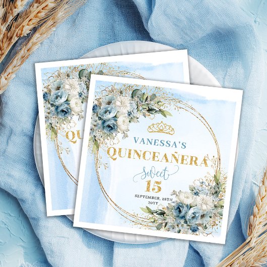 Schicke hellblaue Blumen mit Goldglitter zum 15. G Serviette