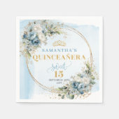 Schicke hellblaue Blumen mit Goldglitter zum 15. G Serviette (Vorderseite)