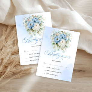 Schicke hellblaue weiße Blumen Eukalyptus Hochzeit RSVP Karte