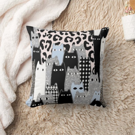 Schicke Karo- und Gingham-Katzenmuster-Patchwork-D Kissen (Decke)