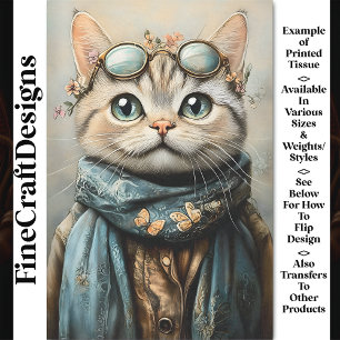 Schicke Katze mit Brille, Schal, Blumen AZ7 Dekoup Seidenpapier