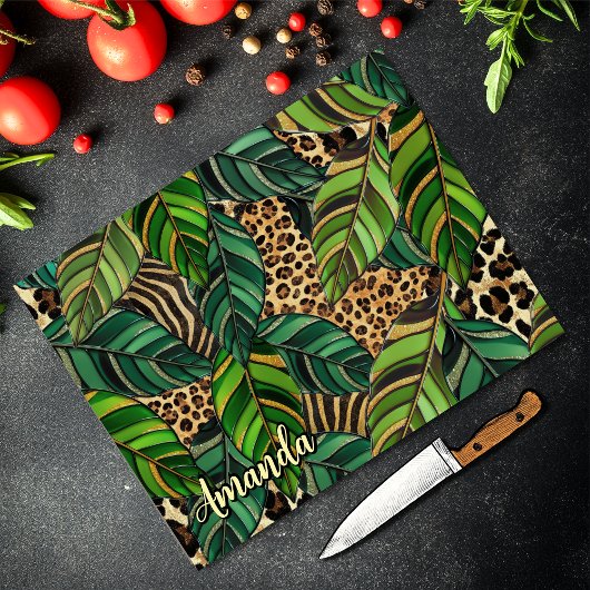 Schicke Leopard Monogramm Monstera Blätter Schneidebrett