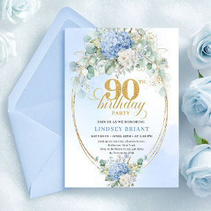 Schicke Light Blue Florale Goldene 90. Geburtstags Einladung