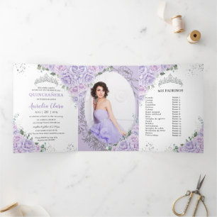 Schicke lila Fliederrosen Florale Quinceañera-Foto Dreifach Gefaltete Einladung