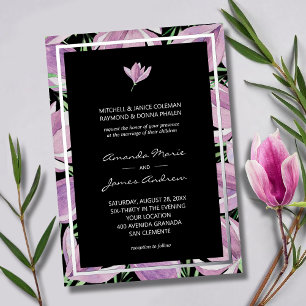 Schicke lila Magnolien auf schwarzer Hochzeitssilb Folieneinladung