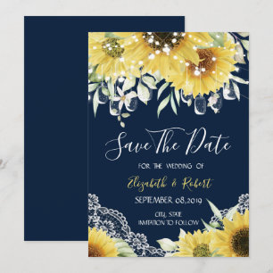 Schicke Mason-Gläser, Spitze, Sonnenblumen Navy Bl Save The Date