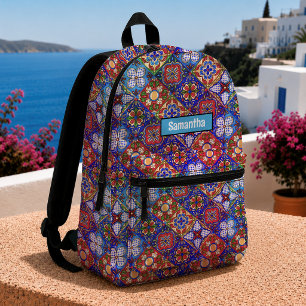 Schicke mexikanische Talavera Blau Lila Monogramm Bedruckter Rucksack
