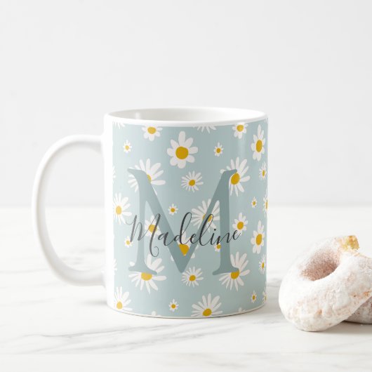 Schicke Minimalschrift-Daisy-Teal-Monogramm Kaffeetasse (Mit Donut)