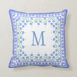Schicke Monogramm-blaue Singrün-Blumengrenze Kissen
