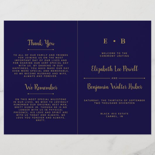 Schicke Navy Blau & Gold Hochzeitsprogrammvorlage (Vorderseite)