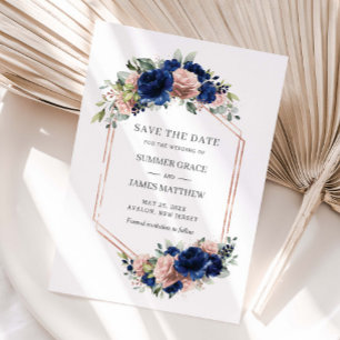 Schicke Navy-Roségold-Rouge Florale Hochzeit Geome Save The Date